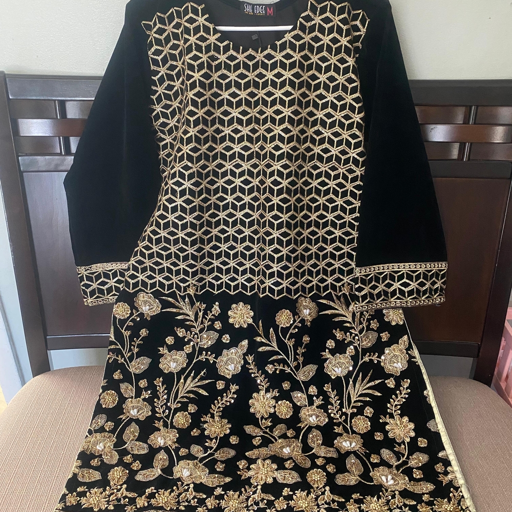 Elegant Black and Gold Embroided Velvet Kurta Dress